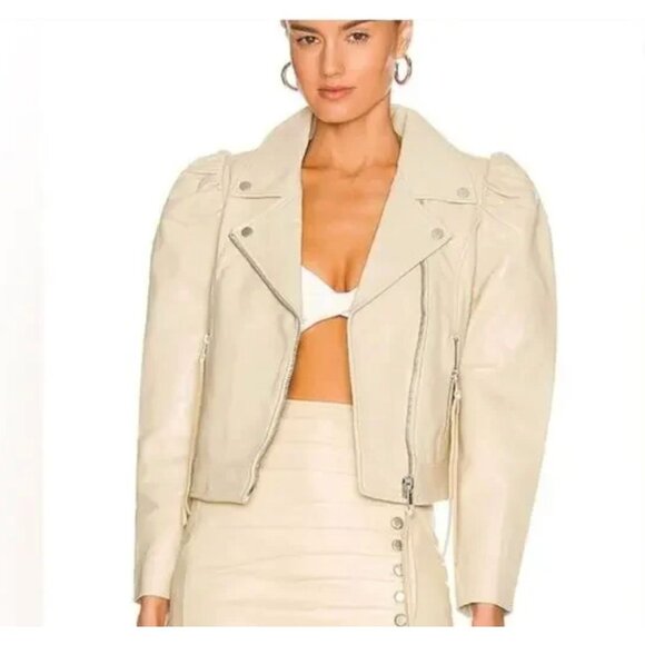 retrofete Lo Leather Biker Jacket Cream Womens Size Large - Picture 1 of 7